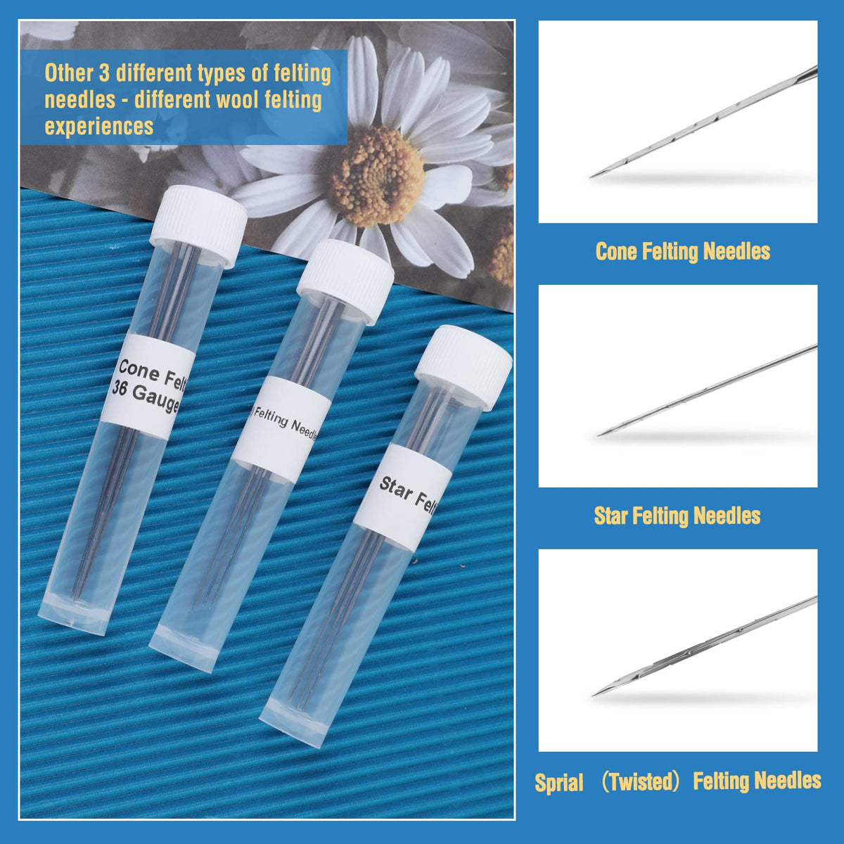 Needle Felting Needles, 104 pcs Needle Felting Kit, 4 Sizes 4 Types Felting Needles, Triangle, Star, Cone, Spiral, Needle Felting Supplies, Needle Felting Tools, 36/38/40/42 Gauge
