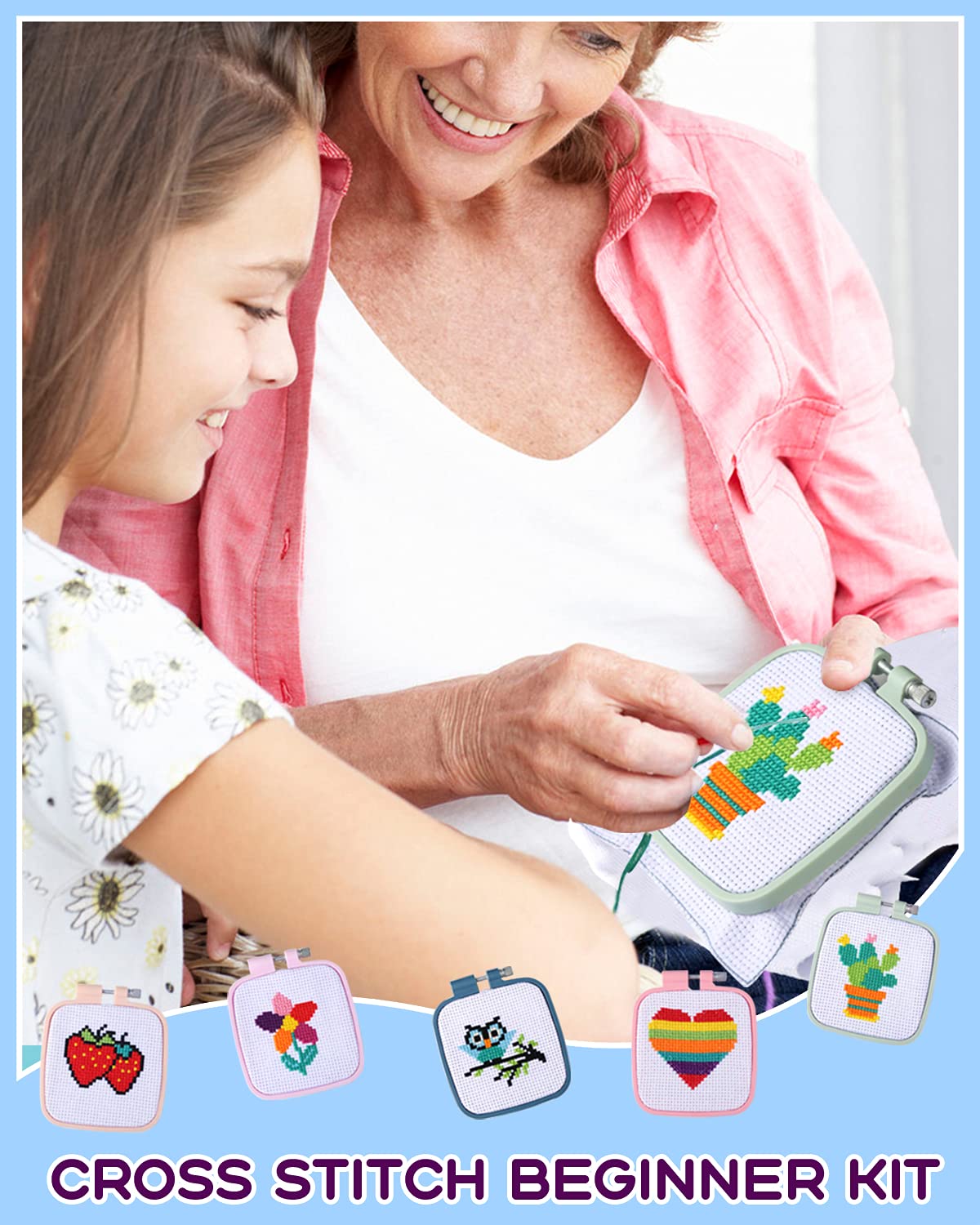 5PCS Cross Stitch Kits for Beginners for Kids 7-13, Includes 5 Project Patterned and 5pcs Square Embroidery Hoops, 11 Skeins, Needle Point Starter Kit Sewing Set with Instructions