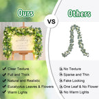 2Pcs Eucalyptus Garland with Lights, Greenery Garland, Green Garland with Flowers, 5.9FT Artificial Faux Eucalyptus Leaves Vines for Table Mantle Home Wedding Party Indoor Outdoor Decor