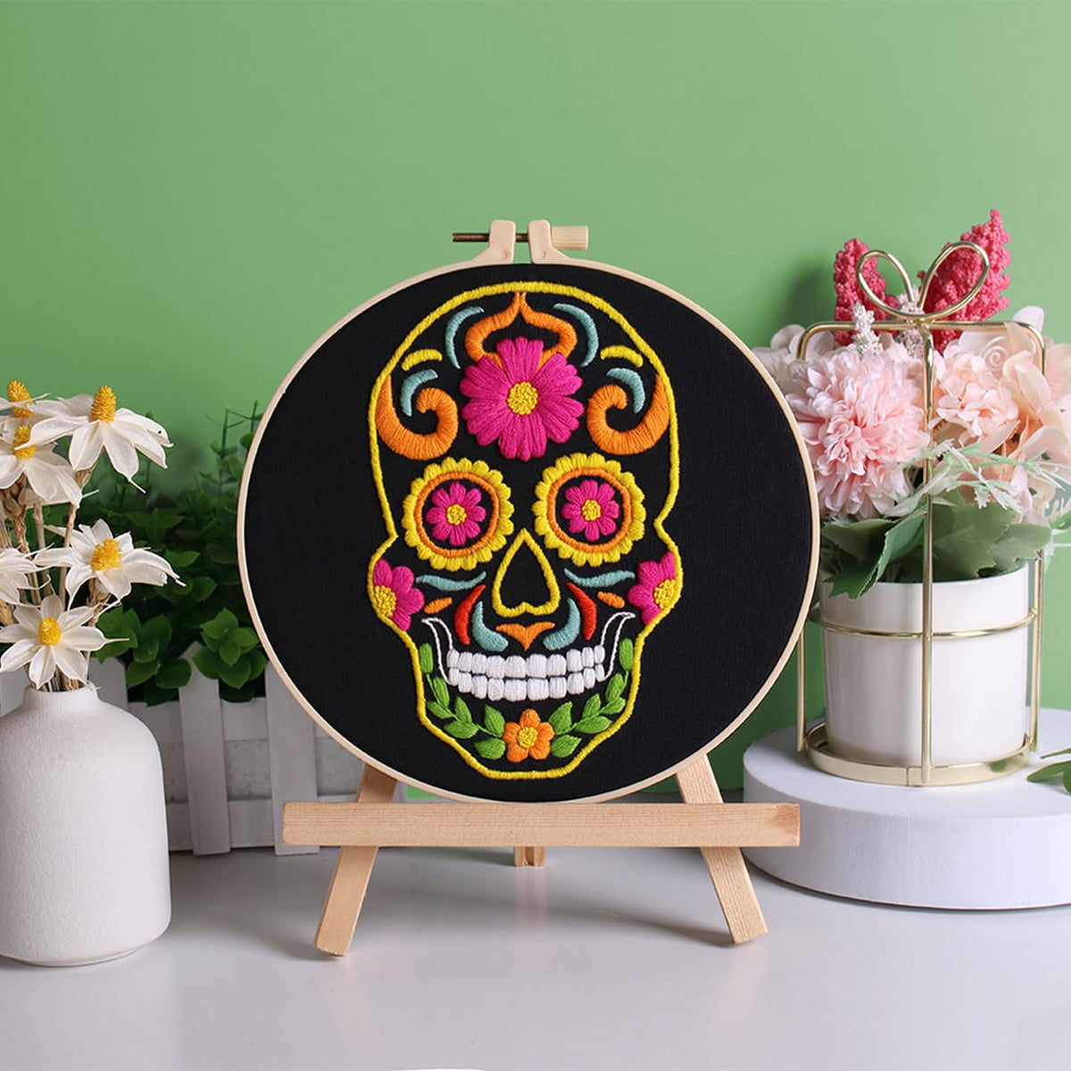 3 Sets Halloween Embroidery Kits for Beginners,Cross Stitch Kit for Adults,DIY Starters Needlepoint with Skull Flowers Pattern,Including Instruction