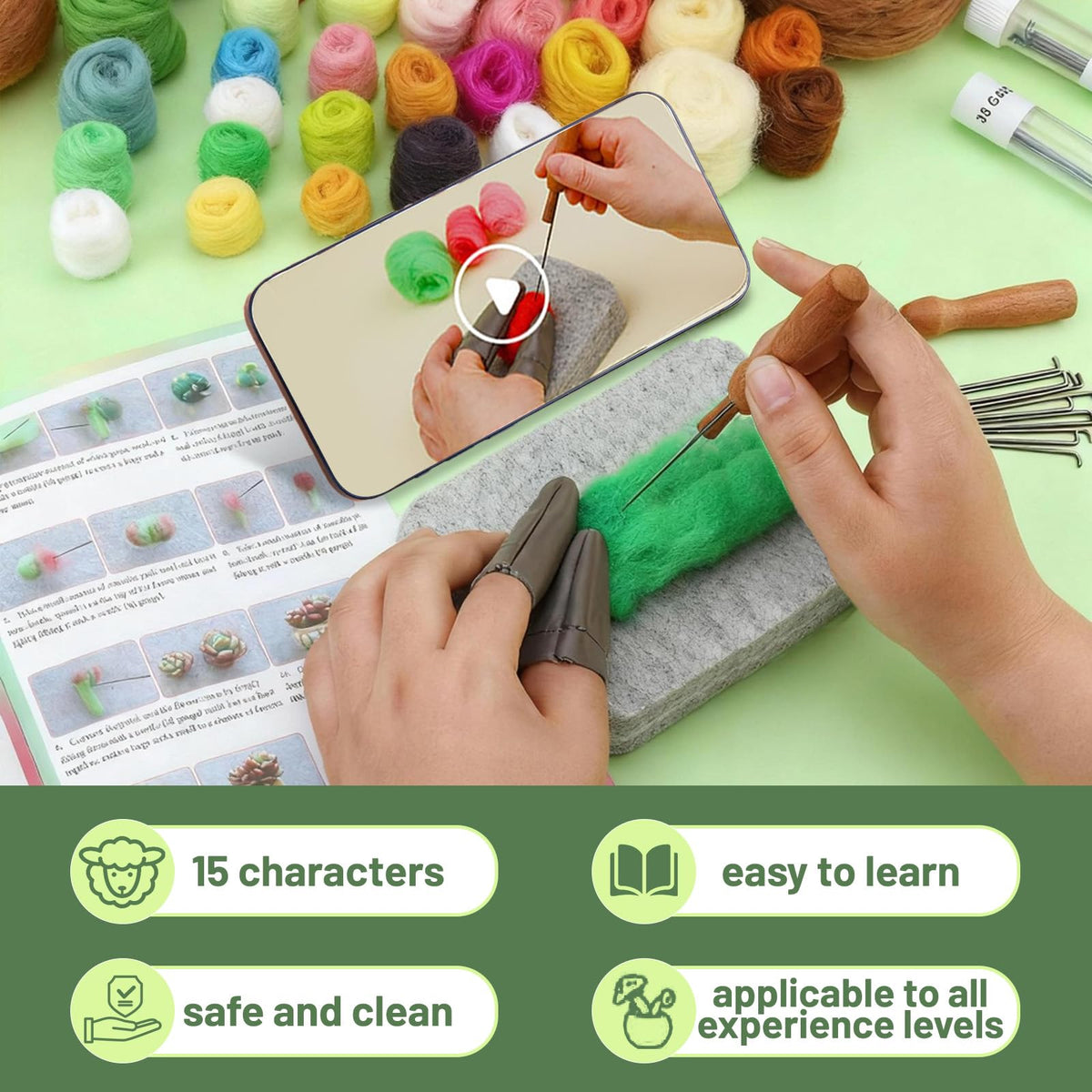 15pcs Succulent Needle Felting Kit for Beginners Adult - DIY Starter Kit with Wool Roving, Felting Mat, Needles, Instructions for Home Decoration Crafts