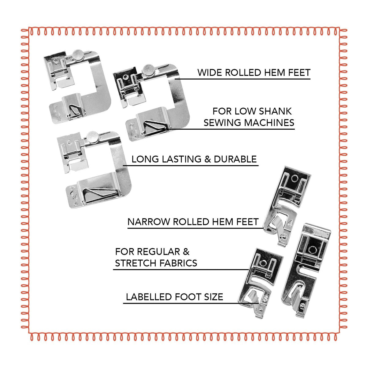 Rolled Hem Presser Foot [6 Sizes] Wide Rolled Hem Foot Set & Narrow Foot Hemmer Set For Brother, Singer & Janome Low Shank Sewing Machines. Hemming Pressure Feet With Distinctive Wide and Narrow Sizes