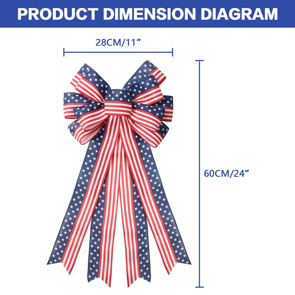 SY Super Bang 2PCS 4th of July Decorations, Red White Blue Wreath Decor for Front Door, Stripe Stars Tree Topper Patriotic Bows, for Independence Day, Memorial Day, Indoor/Outdoor Home Holiday Party.