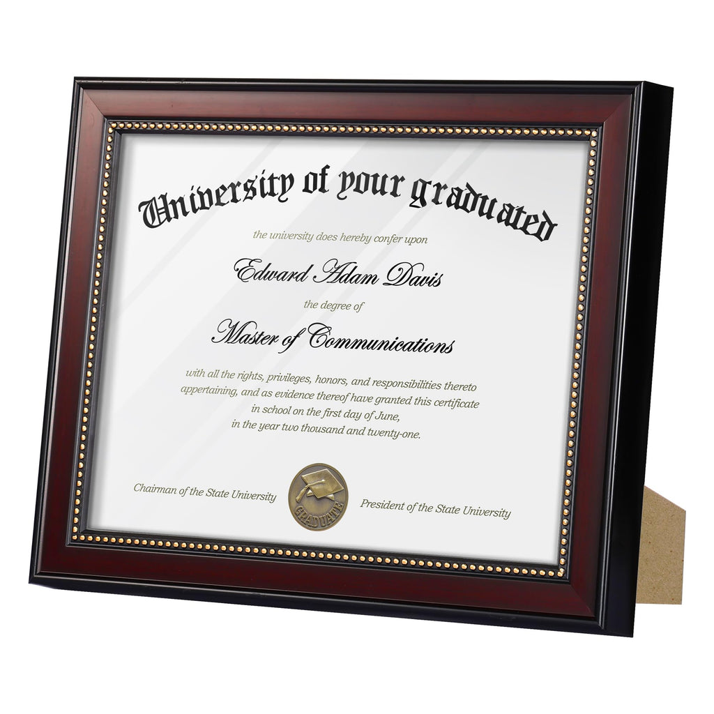 8.5x11 Diploma Certificate Frame with High Definition Glass, Degree Document Frame for Wall and Tabletop, Mahogany with Gold Beads, 1 Pack