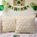St Patrick’s Day Pillow Covers Set of 2,Beige Shamrock Irish Soft Plush Fluffy Faux Fur Jacquard Decorative St. Patrick’s Day Holiday Farmhouse Cushion Case for Sofa 18 x 18 Inch