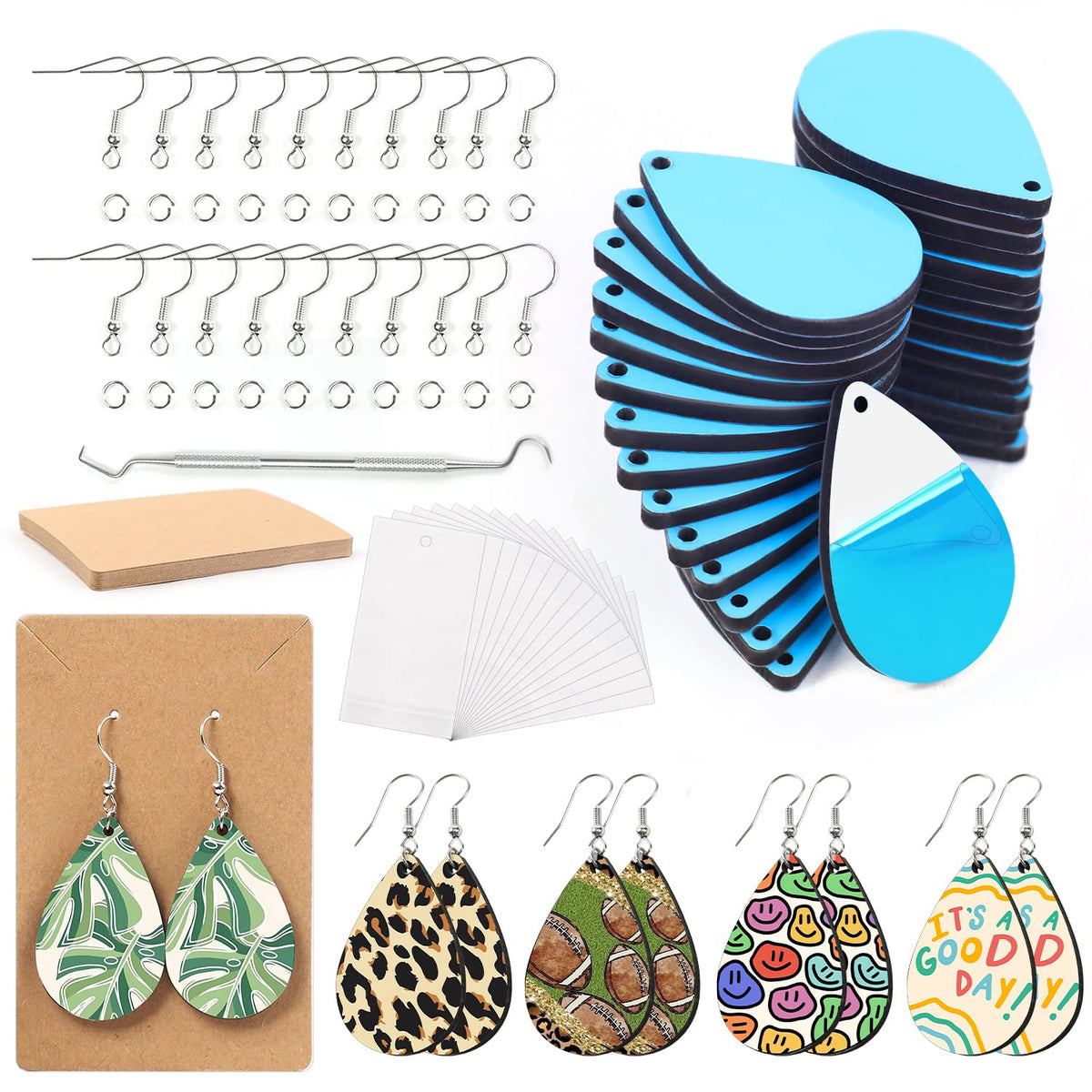 HTVRONT Sublimation Earring Blanks Bulk - 30 Pcs Wood Earrings Blanks with Blue Protective Film - Unfinished MDF Teardrop Earrings for Sublimation Printing with Template, Weeder, Hooks, Jump Rings