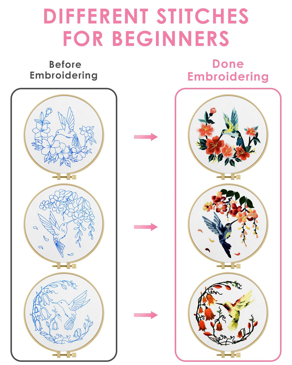 Hummingbird and Flower Embroidery Kit for Adults
