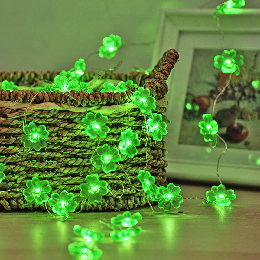 BOHON St Patricks Day Decorations Shamrocks String Lights Battery Operated with Remote 10 ft 40 LEDs Lucky Clover Green Lights for Bedroom Party Feast of Saint St. Patrick's Day Decoration