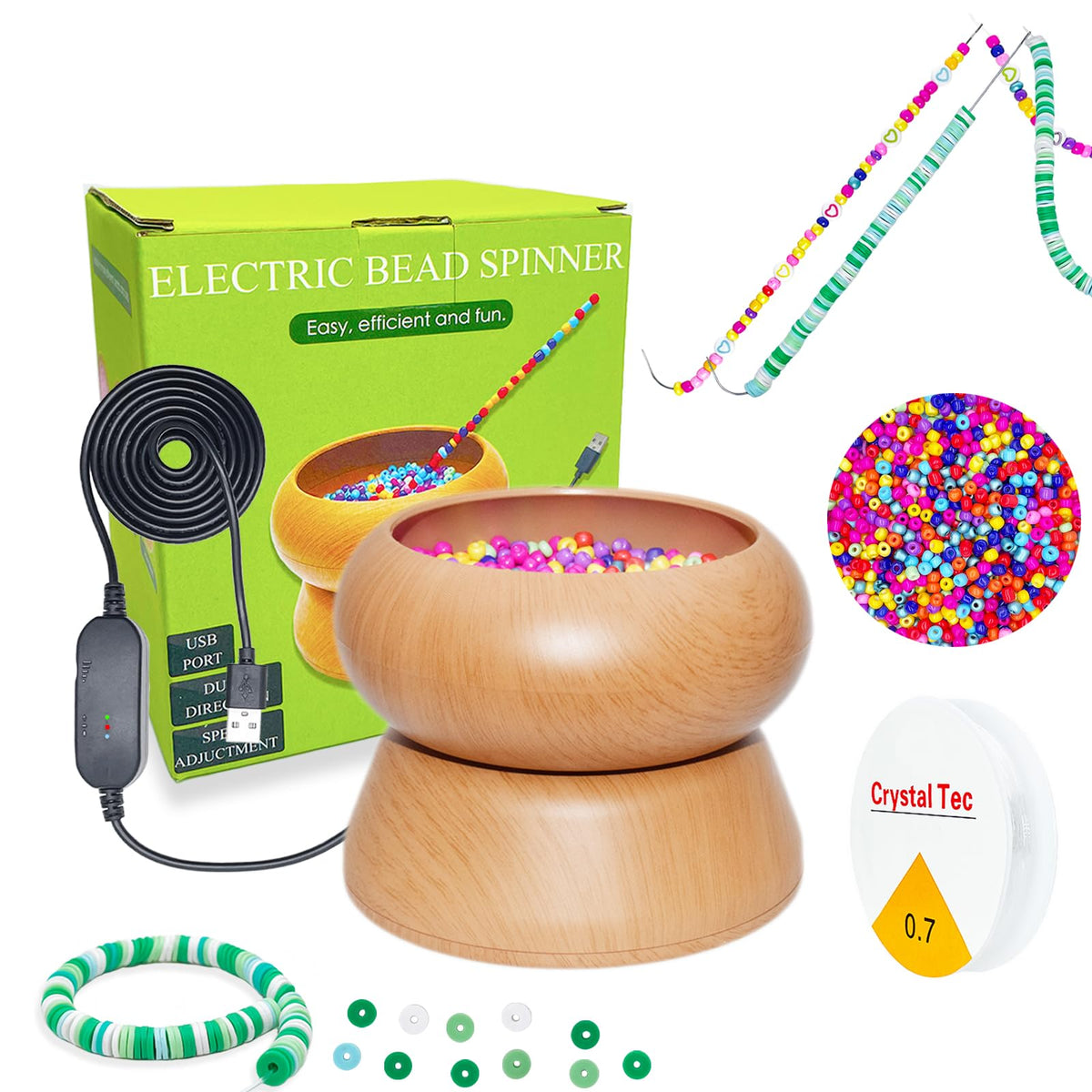 Electric Bead Spinner - Clay Bead Spinner with 2PC Beading Needles and Seed Beads, Waist Beads Kit, Bead Spinner for Jewelry Making, Electric | Speed Adjustment Beading Tools (Original)