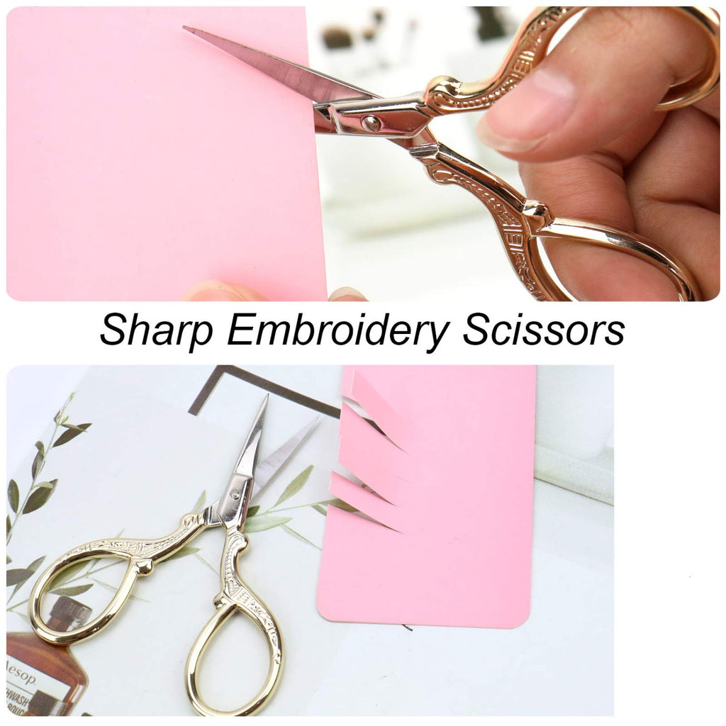 Embroidery Scissors, Stainless Steel Sharp Stork Scissors for Sewing Crafting, Art Work, Threading, Needlework - DIY Tools Dressmaker Small Shears - 2 Pcs (3.6 Inches, Gold)