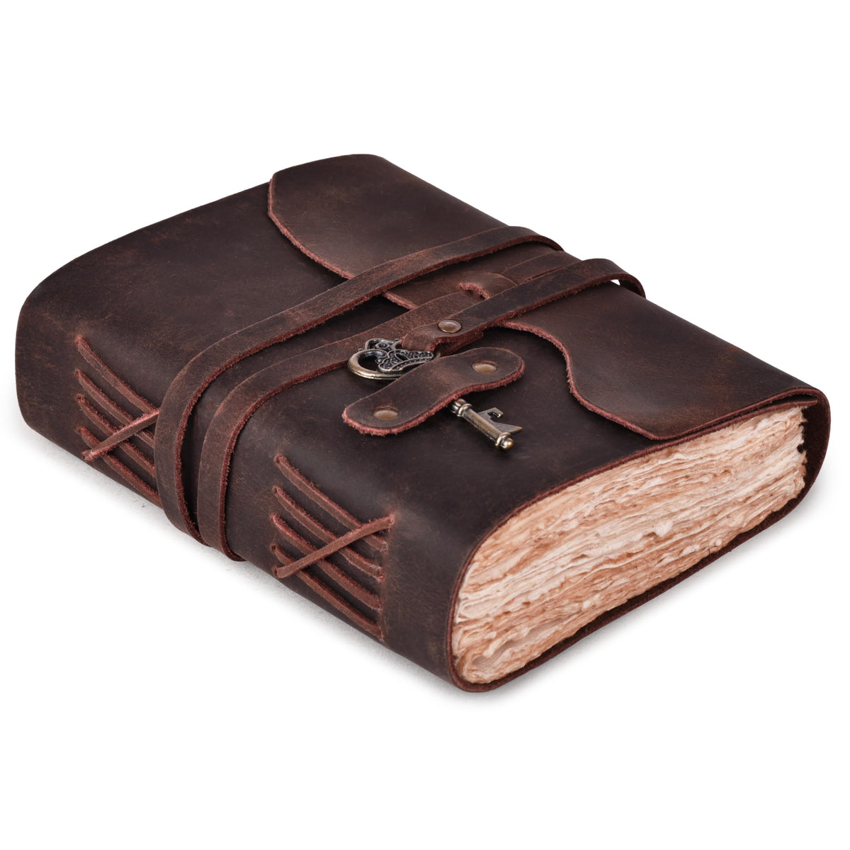 LEATHER VILLAGE Vintage Leather Journal – 200 Handmade Vintage Deckle Edge Paper – Leather bound Journal For Women Men – Vintage Key Closure - Book of Shadows - Chocolate Brown - 6X4 inches (A6)