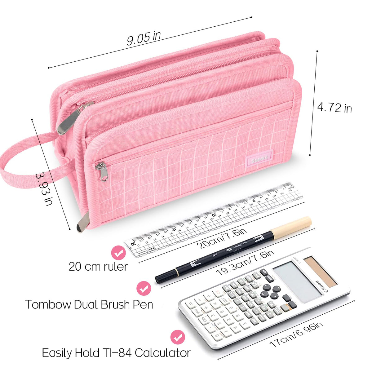 Sooez Large Pencil Case, Big Capacity Pencil Pouch Pen Bag with 3 Compartment, Portable Canvas Stationery Organizer with Zipper, Cute Aesthetic School Supplies for Teen Girls, Purple with Plaid
