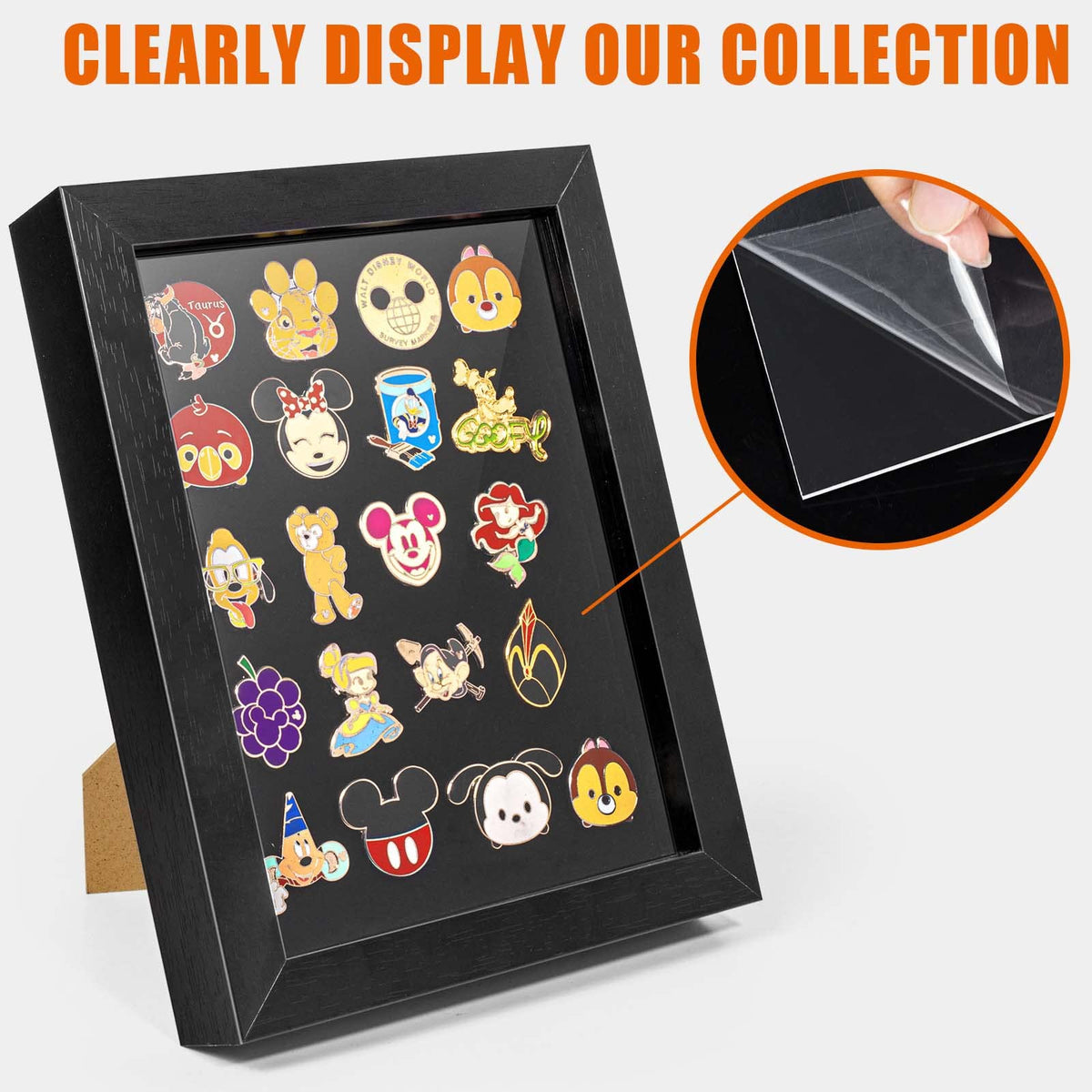 Pin Display Frame, 7x9 Shadow Box for Wall and Tabletop Mount, Pin Collection Display, Brooch Holder for Enthusiast, Black