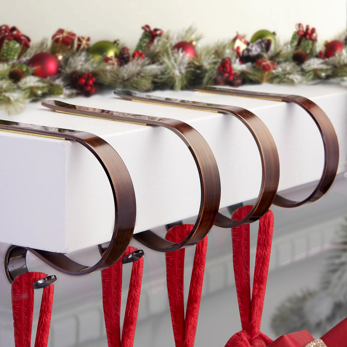FINMOR Christmas Stocking Holders for Mantle Set 4,Lightweight Stocking Holder No-Slip Stocking Hangers for Mantel Fireplace,Adjustable Mantel Stocking Hooks