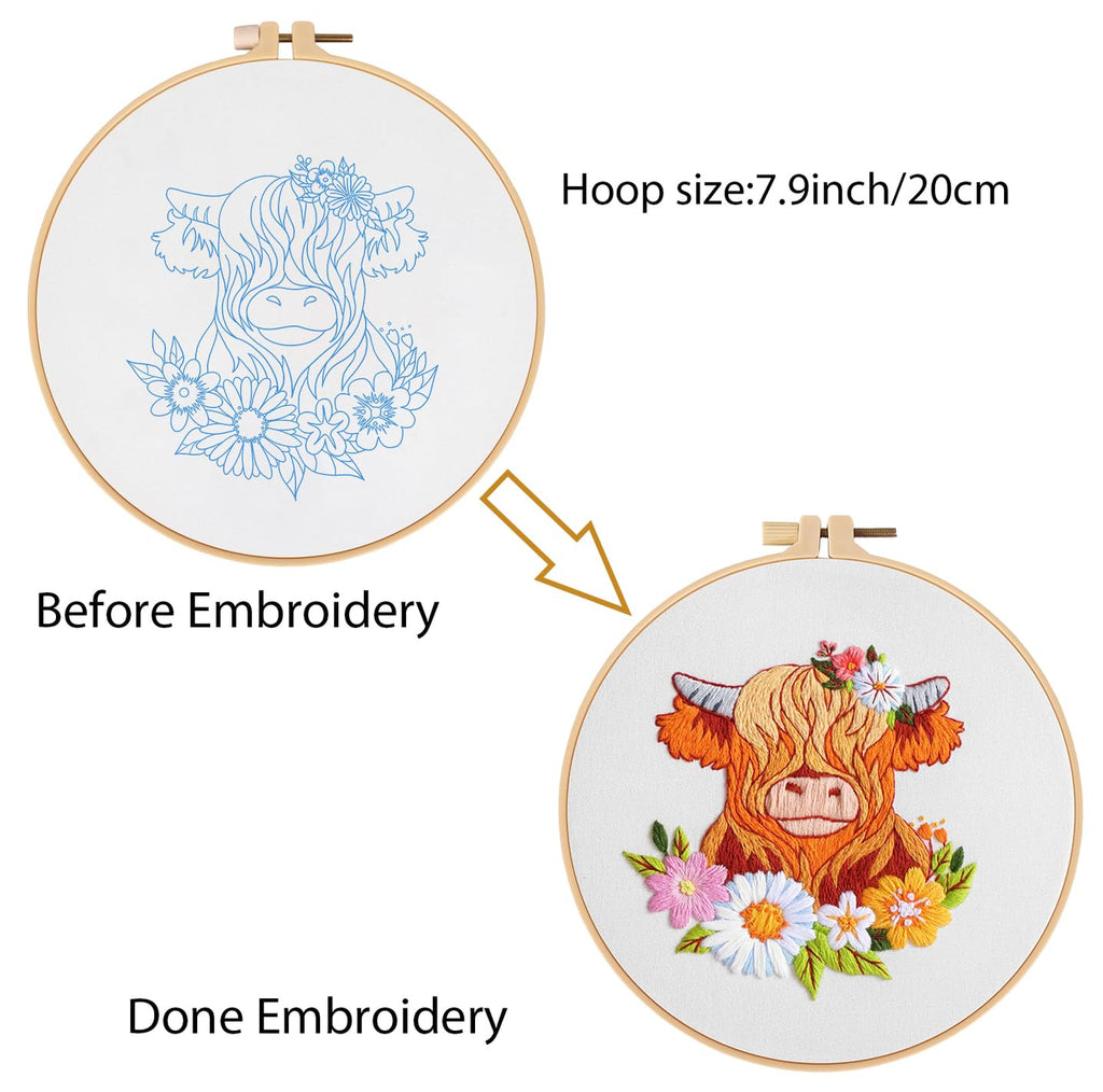 Louise Maelys Highland Cow Embroidery Kits for Beginners,Cross Stitch Kit for Adults,DIY Needlepoint for Starters Including Cloth Hoop Needles Instruction and Threads