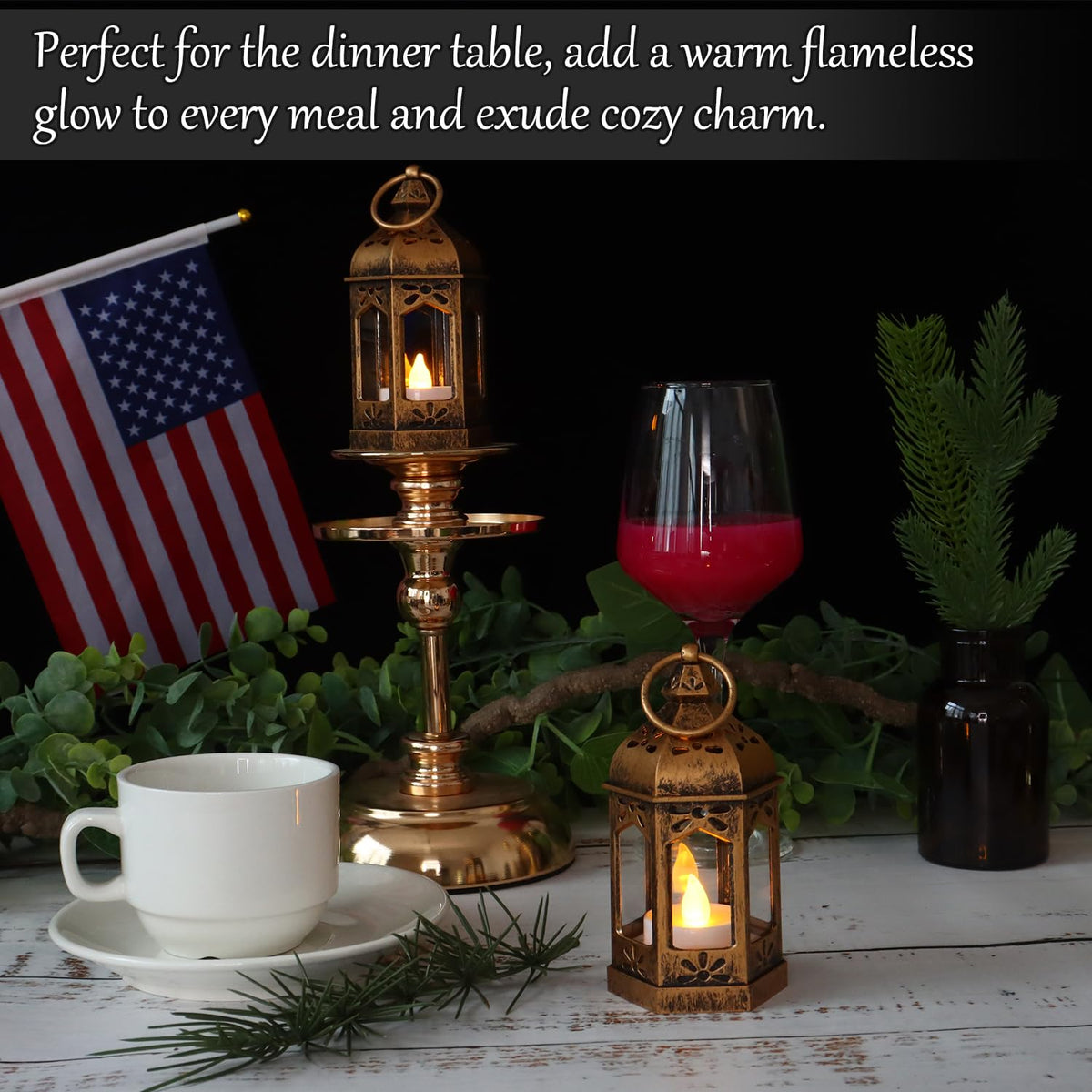 8Pcs Mini Lantern with LED Tealight, Vintage Brown Lanterns Decorative, Hanging Candle Lanterns for Ramadan Wedding Table Centerpiece Indian Diwali Decor, Garden Fairy Party Decorations