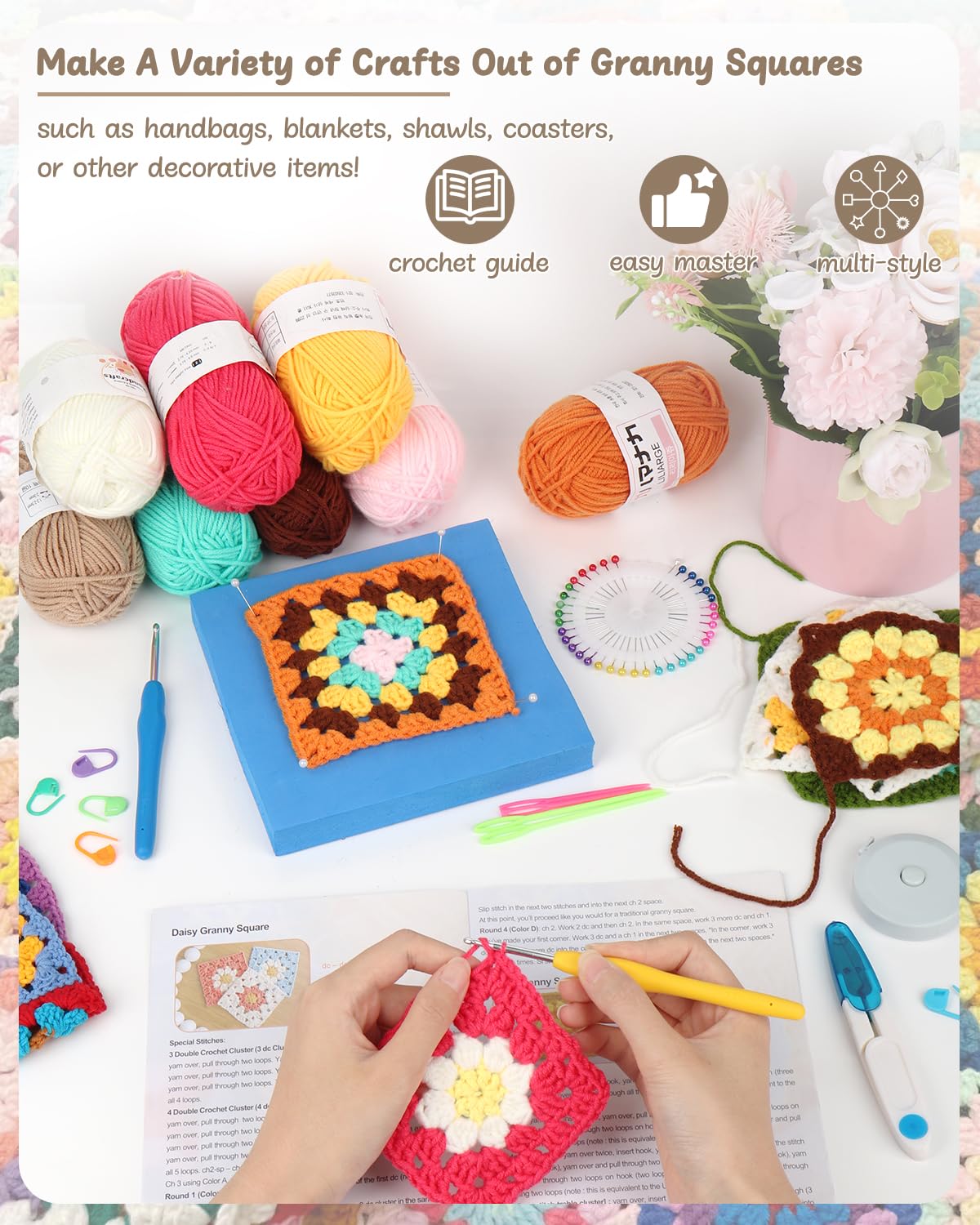 Crochet Kit for Beginners, Granny Square Crochet Kit for Adults Includes Crochet Blocking Mat Crochet Book, Beginner Crochet Kit for Kids Learn to Crochet Granny Squares Blanket Bags (GRP A)