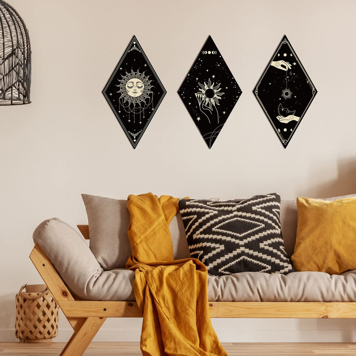 6 Pieces Boho Wall Decor Sun Moon Phases Wall Art Gothic Minimalist Stars Sun Hanging Wooden Home Decor Farmhouse Pediments for Gallery Living Bedroom Room(Boho)
