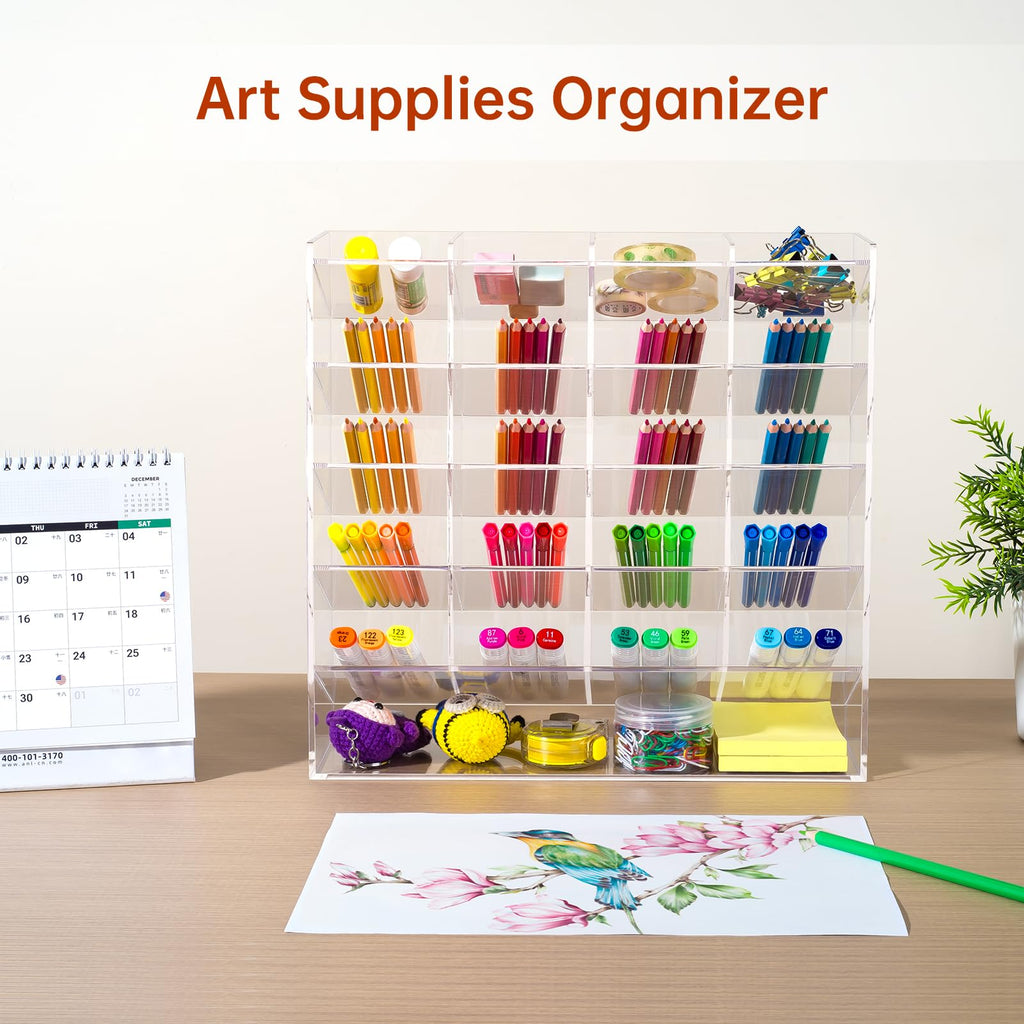 BEYGORM Acrylic Vertical Marker Organizer for 250 Markers with 21 Compartments, Clear Angled Pen & Pencil Holder, Large Desk Stationery & Art Supply Storage for Office & School (13 x 12.5 x 4 Inch)