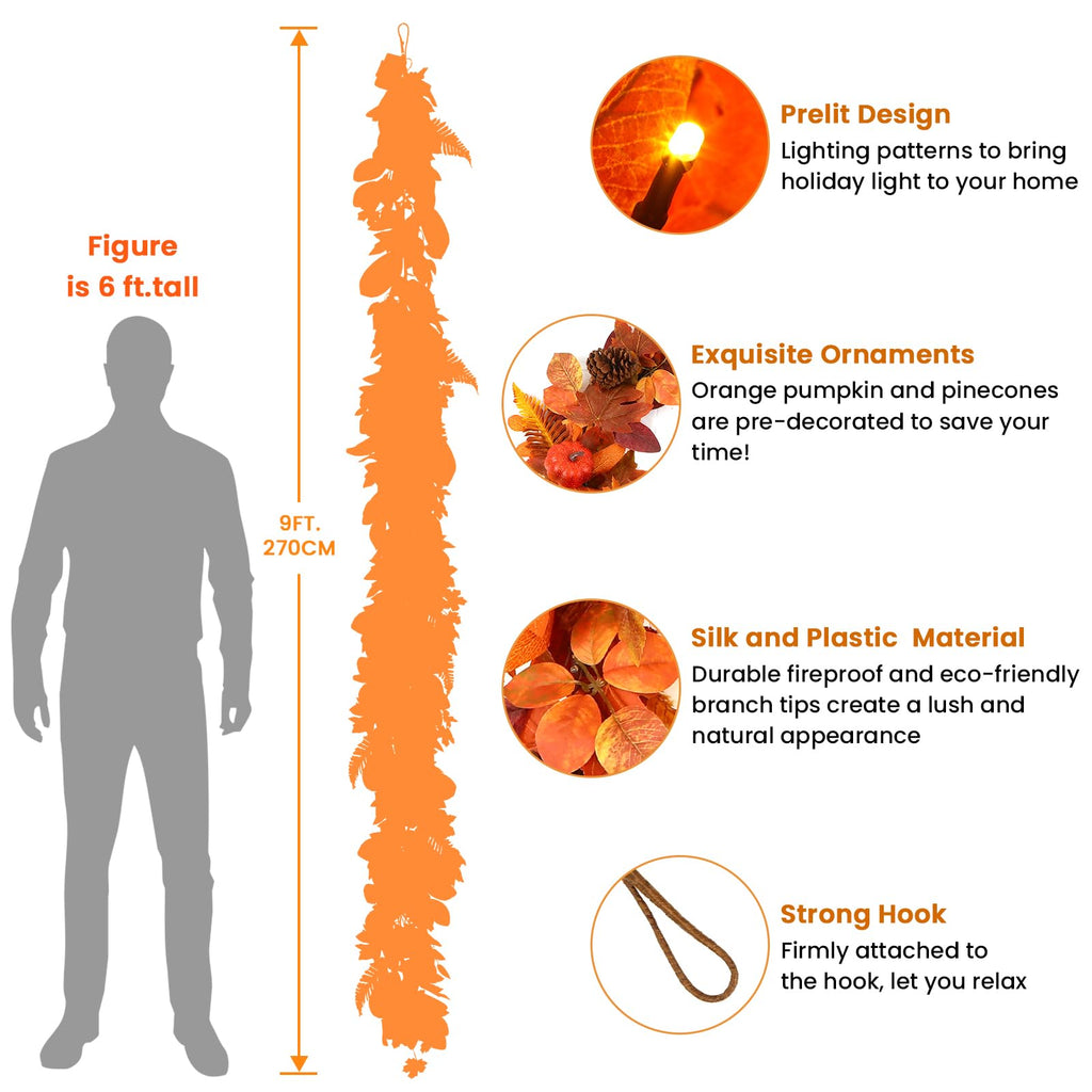 SHareconn 9ft Fall Garland with Lights and Timer for Mantle