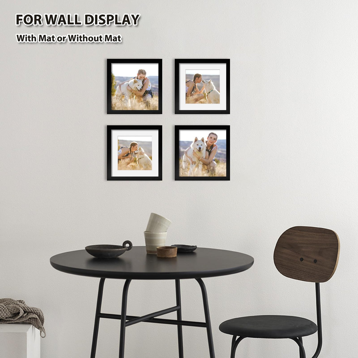 KINLINK 7x7 Picture Frame Black Set of 4, Wooden Square Photo Frames Matted 5x5 with Plexiglass for 5x5 with Mat or 7x7 without Mat for Table and Wall Display