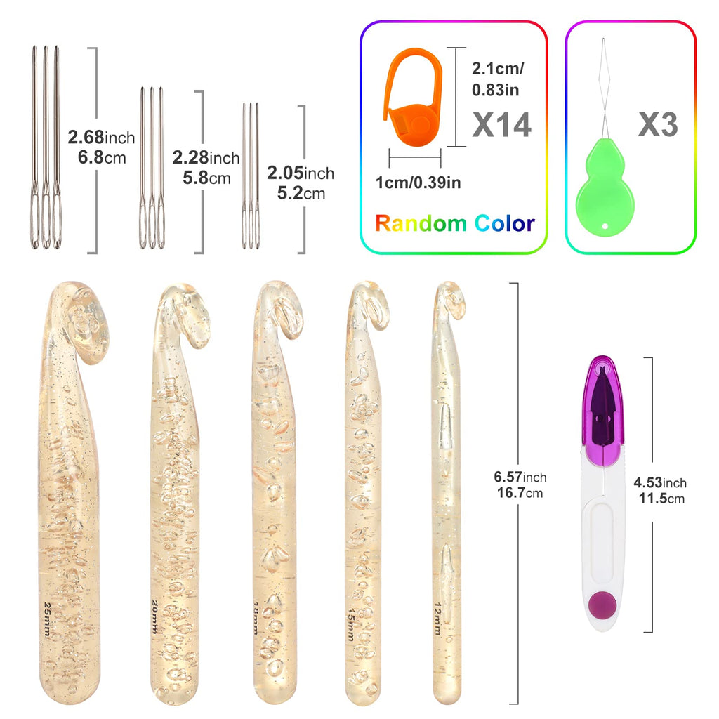 Vodiye 32 Pcs Crochet Hooks Set, Ergonomic 12mm-25mm Large Crochet Hooks for Chunky Yarn, Professional Huge Crochet Needles and Accessories for DIY Crafts, Carpets, Scarves