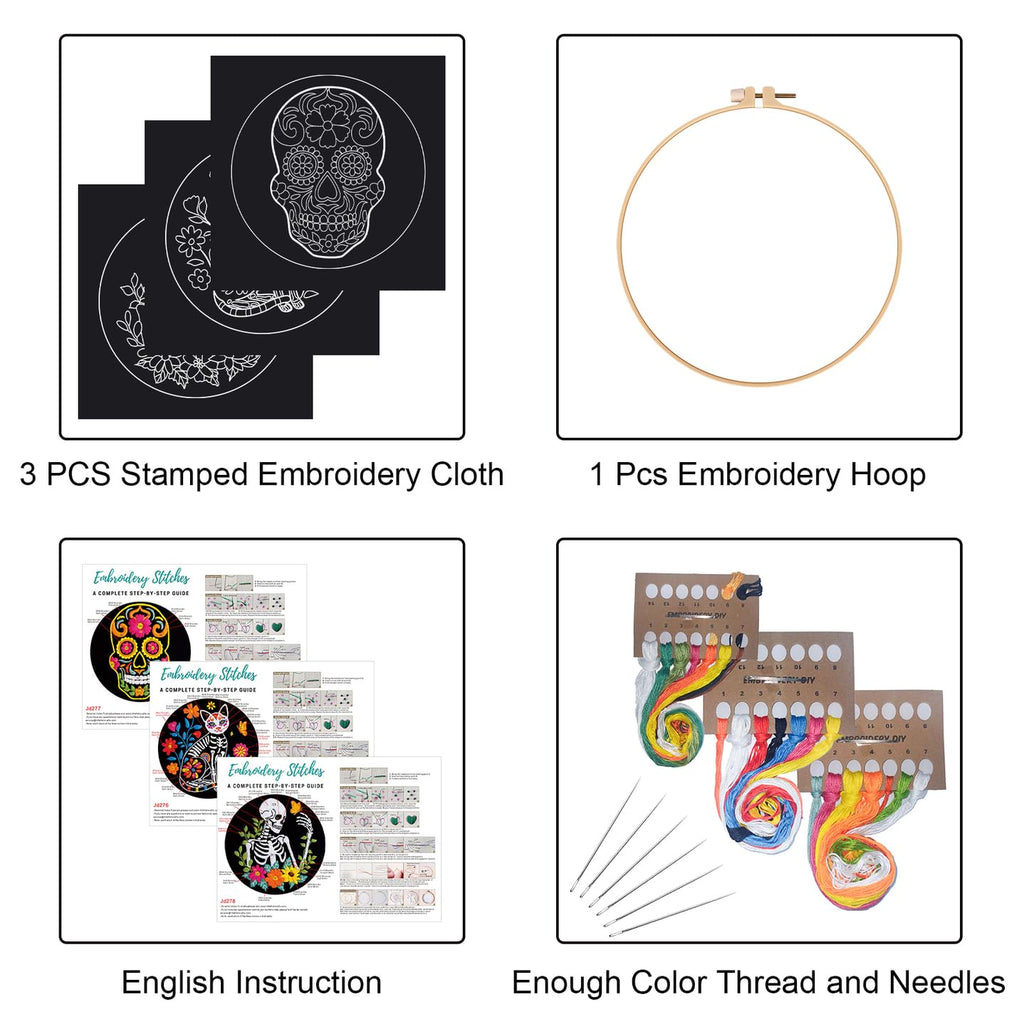 3 Sets Halloween Embroidery Kits for Beginners,Cross Stitch Kit for Adults,DIY Starters Needlepoint with Skull Flowers Pattern,Including Instruction