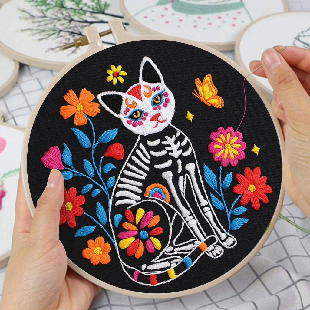 3 Sets Halloween Embroidery Kits for Beginners,Cross Stitch Kit for Adults,DIY Starters Needlepoint with Skull Flowers Pattern,Including Instruction