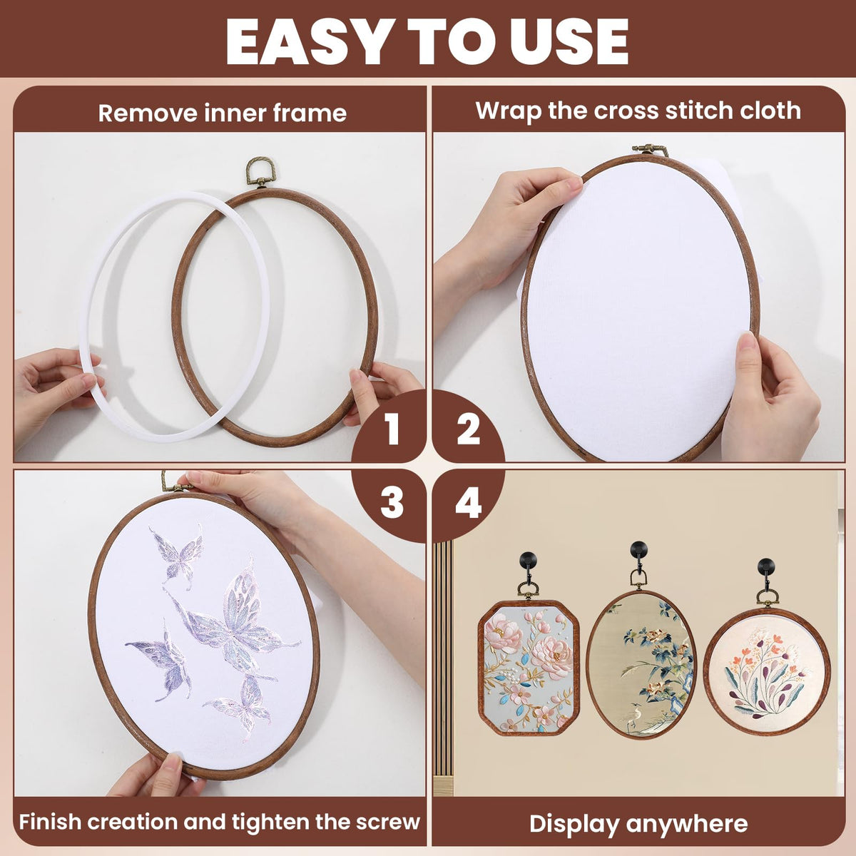 10 Pcs Large Embroidery Hoop Frame, Decorative Imitated Wood Embroidery Hoops, Circle Oval Octagonal Cross Stitch Hoop, Display Frame for Art Craft DIY Sewing Hanging Ornaments Decor