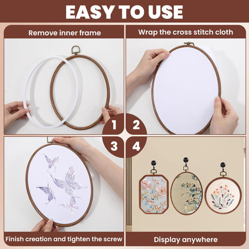 10 Pcs Large Embroidery Hoop Frame, Decorative Imitated Wood Embroidery Hoops, Circle Oval Octagonal Cross Stitch Hoop, Display Frame for Art Craft DIY Sewing Hanging Ornaments Decor