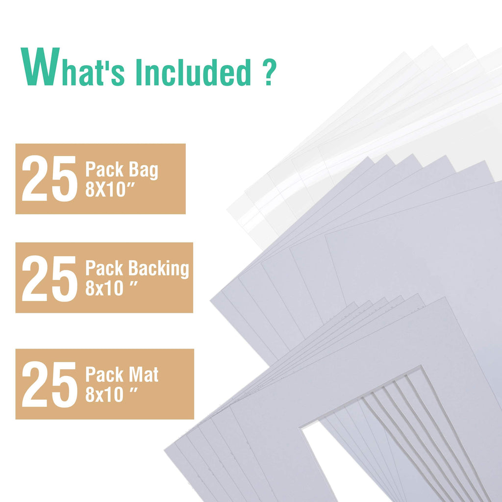 Acid Free 8x10 Pre-Cut Picture Mat Board Kit for 5x7 Photo, Includes 25 White Core Bevel Cut Mattes, 25 Backing Boards, 25 Crystal Clear Bags
