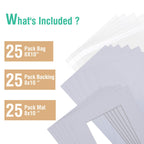 Acid Free 8x10 Pre-Cut Picture Mat Board Kit for 5x7 Photo, Includes 25 White Core Bevel Cut Mattes, 25 Backing Boards, 25 Crystal Clear Bags