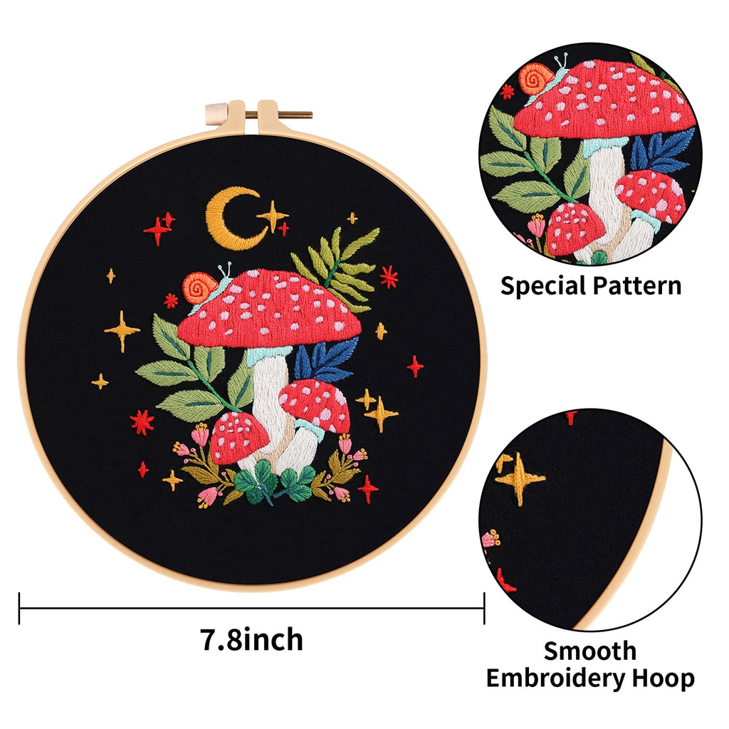 Nuberlic 3 Pack Embroidery Kit for Beginner Adults, Stamped Cross Stitch with Mushroom Patterns Include 3 Hoop, Cloth Thread Needles and Instructions