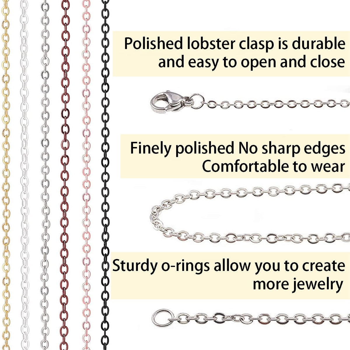 60ft Jewelry Necklace Chains 2mm Jewelry Chain Links for Making Bracelets Earrings DIY Craft Supplies Findings, 6-Colors Gold Silver Copper Plated Metal Cable Rolo Link Chain Rolls Bulk