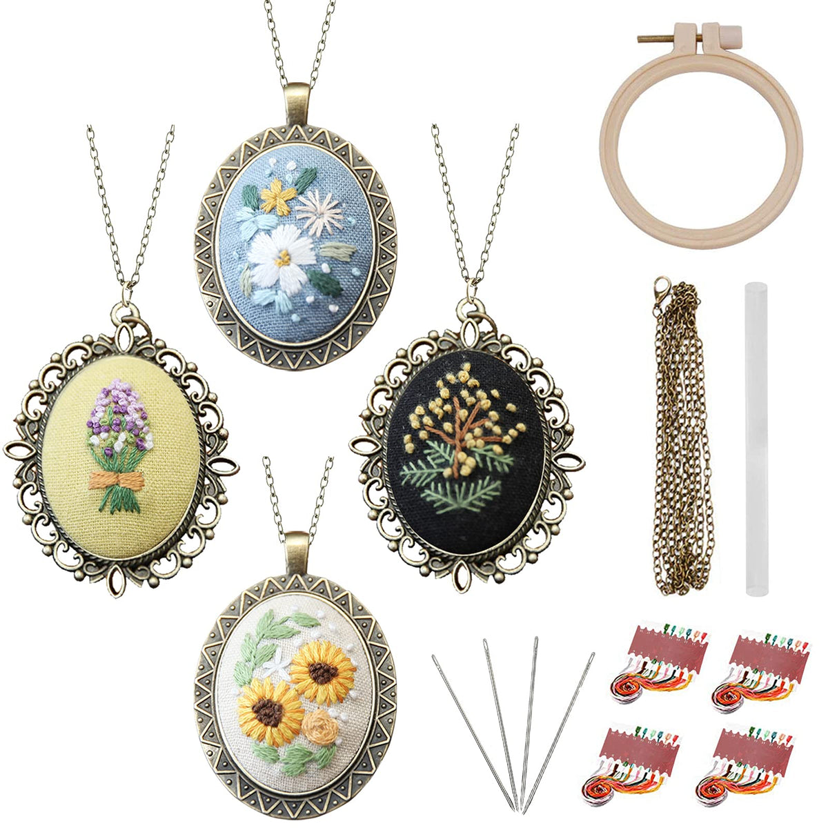 ZOCONE 4 Packs Embroidery Necklace Kit, Embroidery Pendant Kit Mini Cross Stitch Kit with Hoop, Necklace, Pendant, Stamped Pattern Cloth, Instructions, etc., Embroidery Kit for Adults