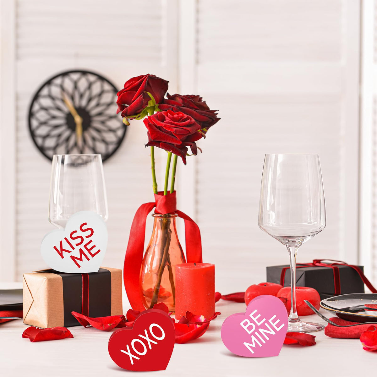 6 Pcs Valentines Day Decorations Small Heart Wood Signs Table Decor Love Candy Table Blocks Centerpiece Tiered Tray Decor for Home Office Mantel Shelf Gift