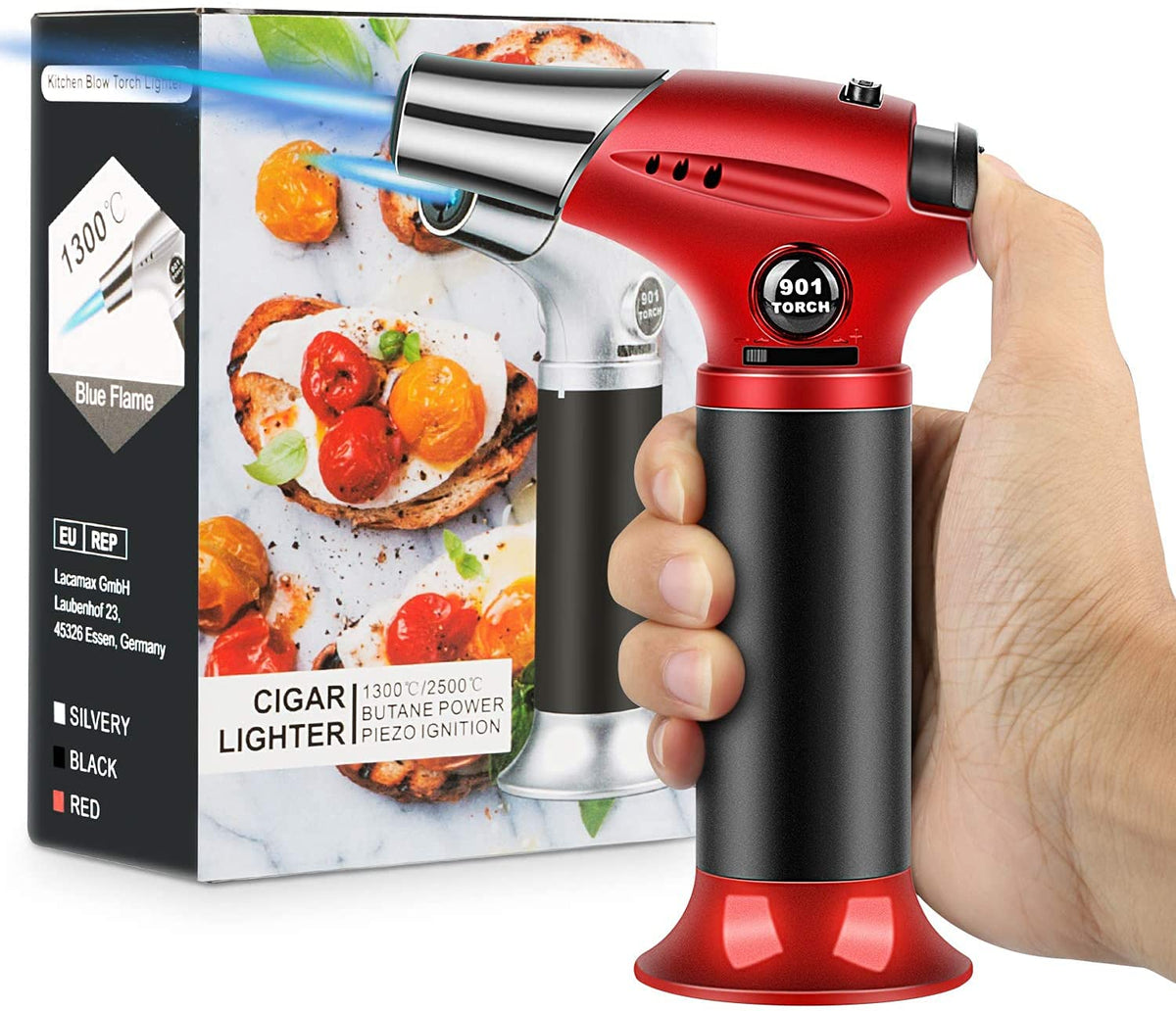Blow Torch, Professional Kitchen Cooking Torch with Lock Adjustable Flame Refillable Mini Blow Torch Lighter for BBQ, Baking, Brulee Creme, Crafts and Soldering(Butane Gas Excluded)
