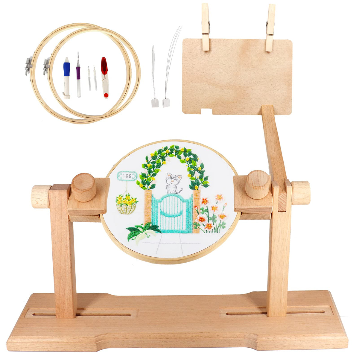 SolidGnik Embroidery Stand, Adjustable Embroidery Hoop Holder, Cross Stitch Stand with Embroidery Kit and 3PCS Embroidery Hoops