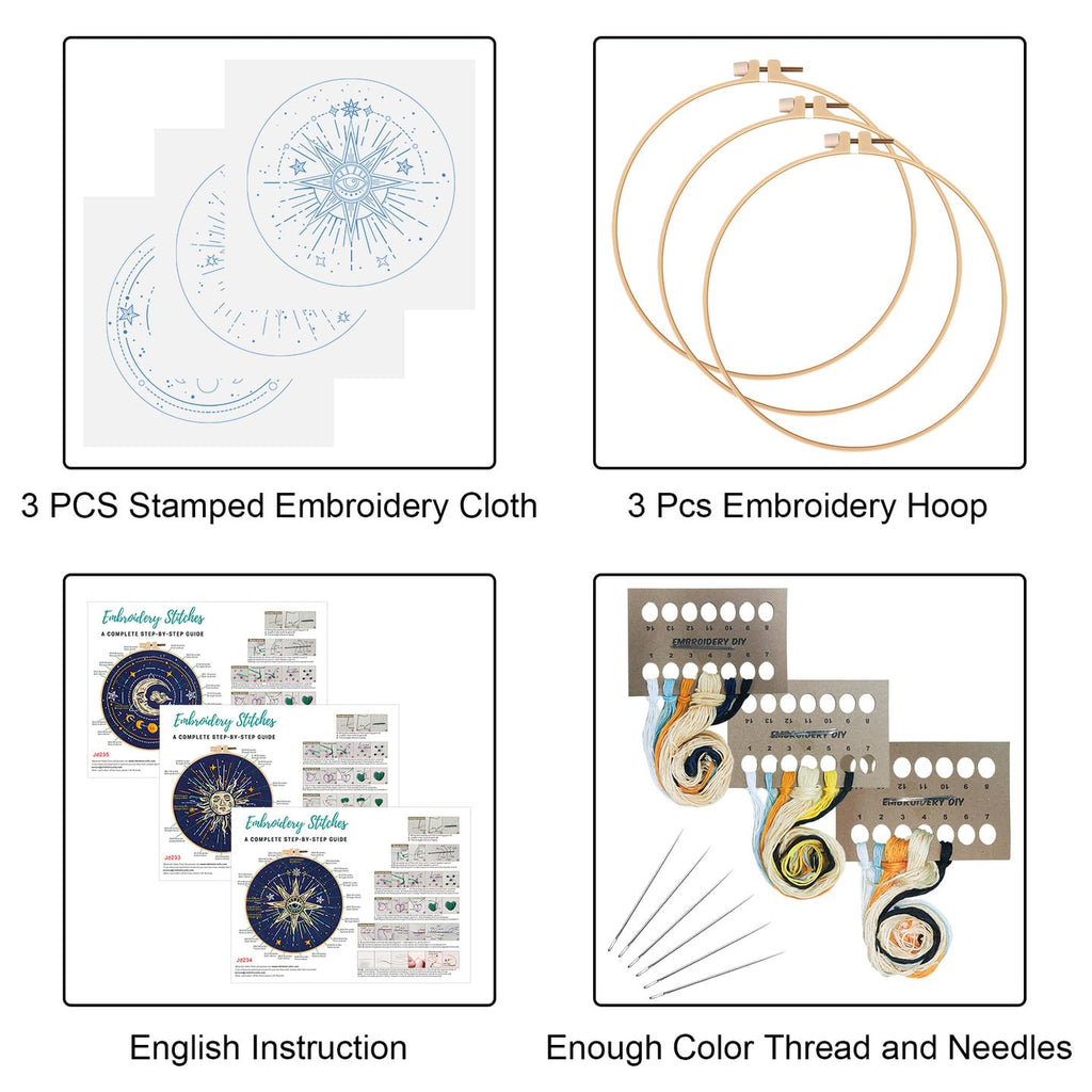 Louise Maelys 3 Set Tarot Embroidery Kits for Beginners,Cross Stitch Kit for Adults,Starters DIY Needlepoint Including Embroidery Cloth with Sun Moon Star Evil Eye Pattern and Instructions