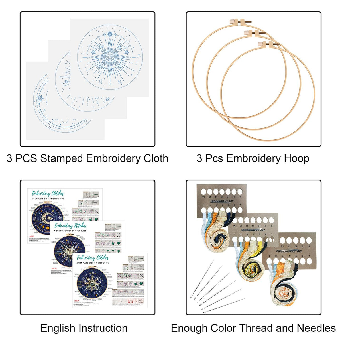 Louise Maelys 3 Set Tarot Embroidery Kits for Beginners,Cross Stitch Kit for Adults,Starters DIY Needlepoint Including Embroidery Cloth with Sun Moon Star Evil Eye Pattern and Instructions