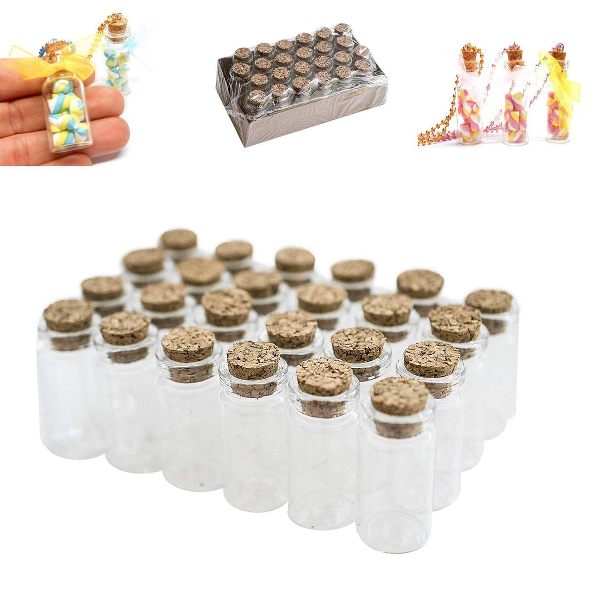Mini Clear Glass Jars Bottles with Cork Stoppers for Arts & Crafts, Projects, Decoration, Party Favors - Size: 1-1/2" Tall X 3/4 Inches Diameter (24)