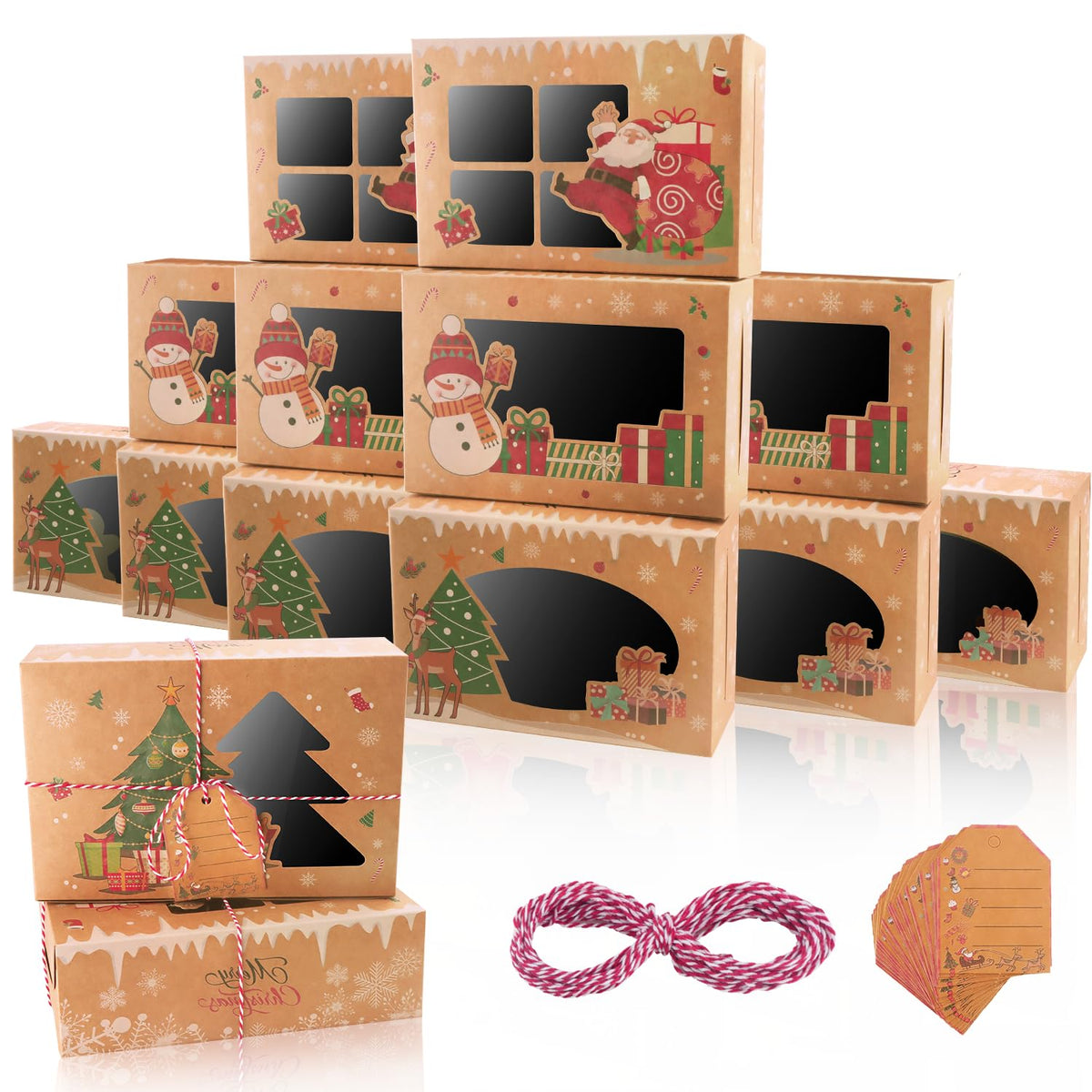 12 Pack Christmas Cookie Boxes for G-ift Giving,Holiday Bakery Cupcake Boxes with Window,Christmas Eve Pastry Boxes with Ribbons and Tags for Xmas Party Supplies Cookie Containers Treat Tins