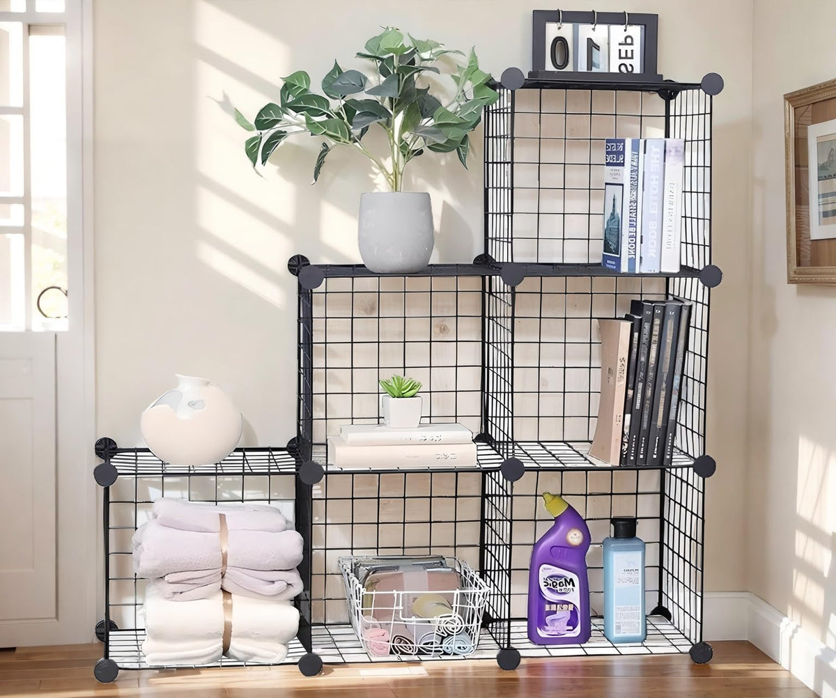 YCOCO Cube Storage Organizer,6 Cube Closet Organizers and Storage,Wire Metal Grids Bookshelf,Stackable Modular Shelves,Cube Storage Organizer Bins for Home,Office,Kids Room,Black