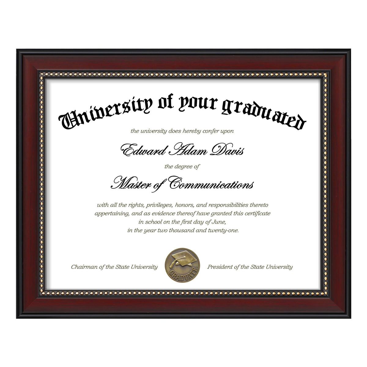8.5x11 Diploma Certificate Frame with High Definition Glass, Degree Document Frame for Wall and Tabletop, Mahogany with Gold Beads, 1 Pack
