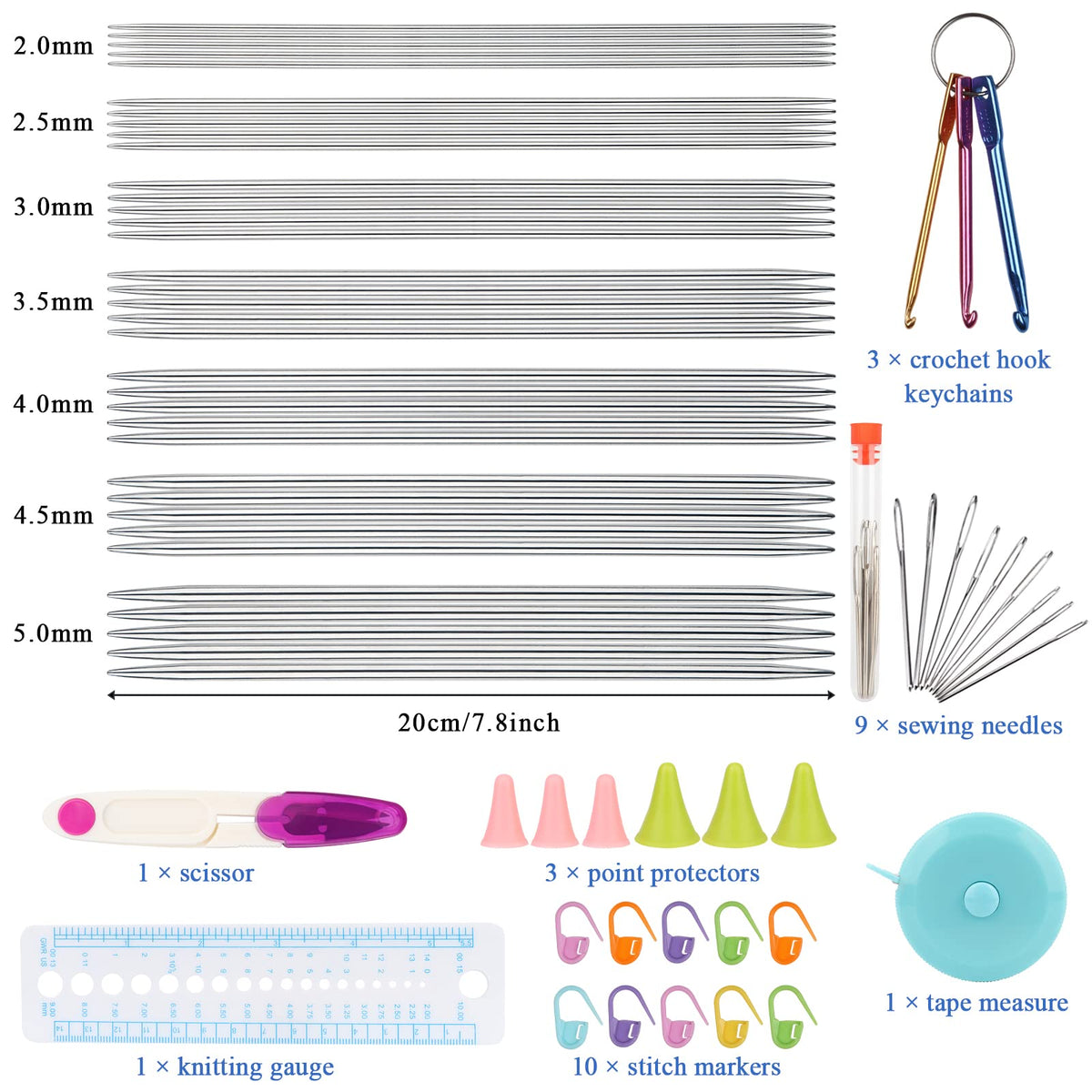Coopay Double Pointed Knitting Needles Set 7.9", 35 PCS Stainless Steel Straight Knitting Needles 2.0mm-5.0mm, Double Ended Sweater Knitting Set Knitting Needle Kit with Knitting & Crochet Supplies