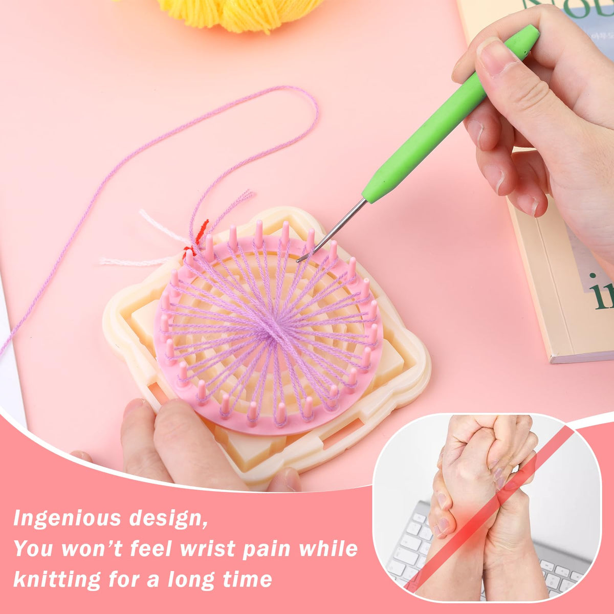WONVOC Loom Knit Hook Set, Crochet Needle Hook Kit, 8 Pcs Green Knitting Loom Hooks with 12 Pcs Colorful Plastic Sewing Needles for Knitting Looms Knitting Boards
