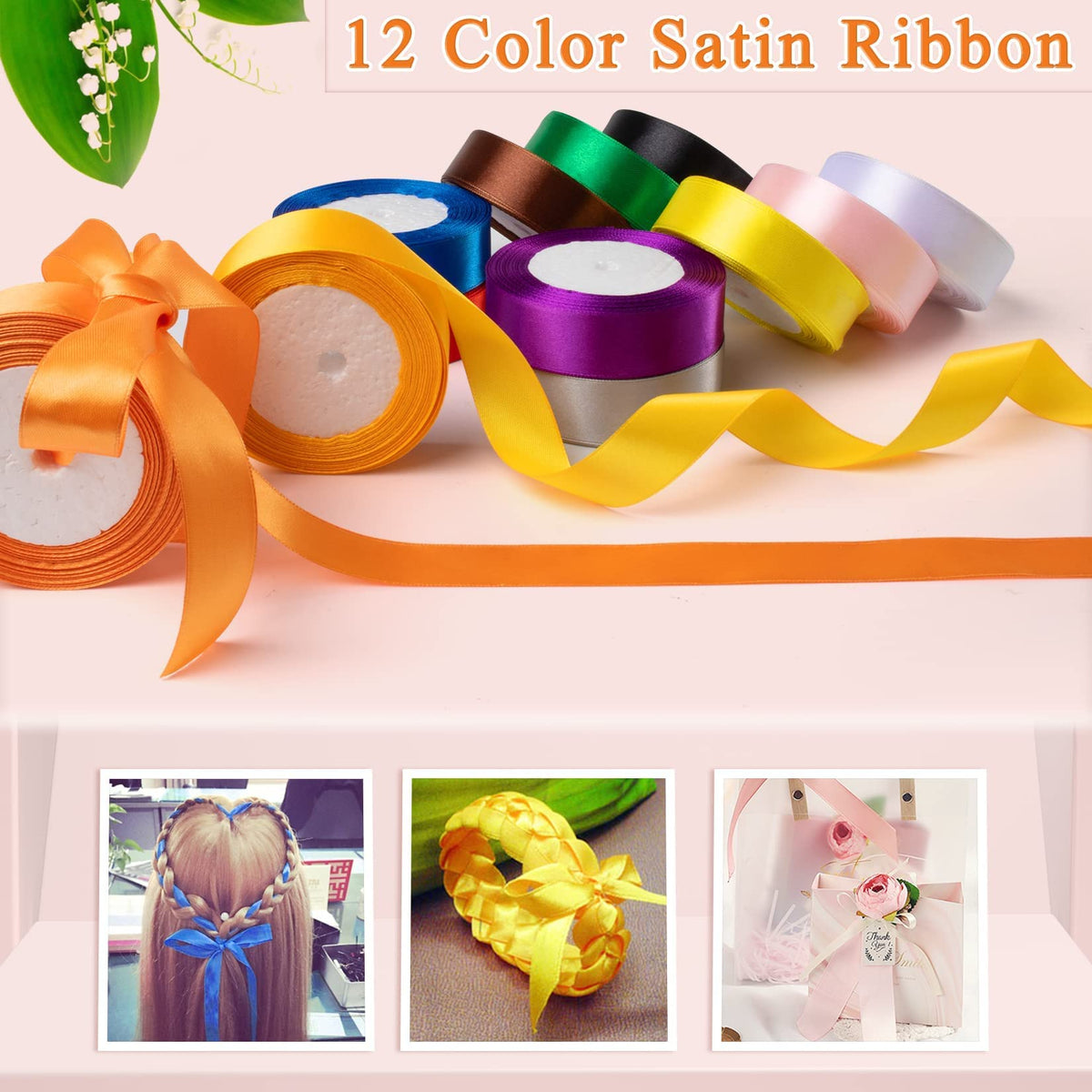 12 Rolls 300 Yards 1 Inch Satin Ribbon Assorted Colors - 25 Yards/Roll, Ribbon for Gift Wrapping Girl Hair Bow, Ribbons for Crafts Party Wedding Decor