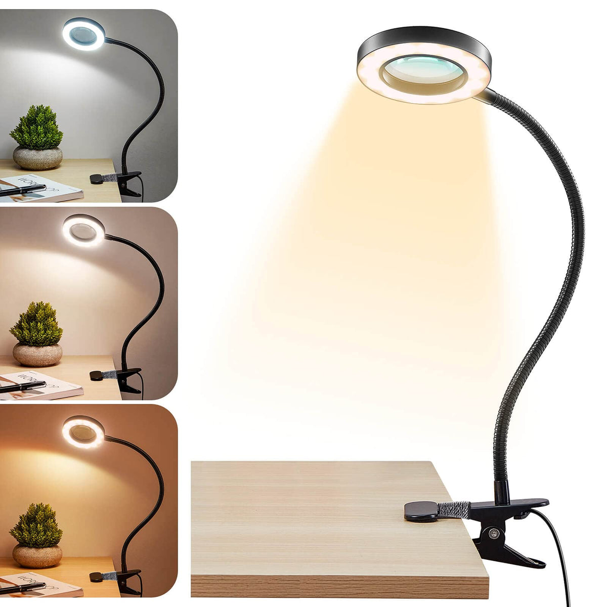 Magnifying Glass with Light 5X, 9w Clip on Light, 48 LED Desk Lamp wtih Clamp Light, 3 Modes Dimmable Magnifying LED Lamps for Bed Work Crafts Workbench