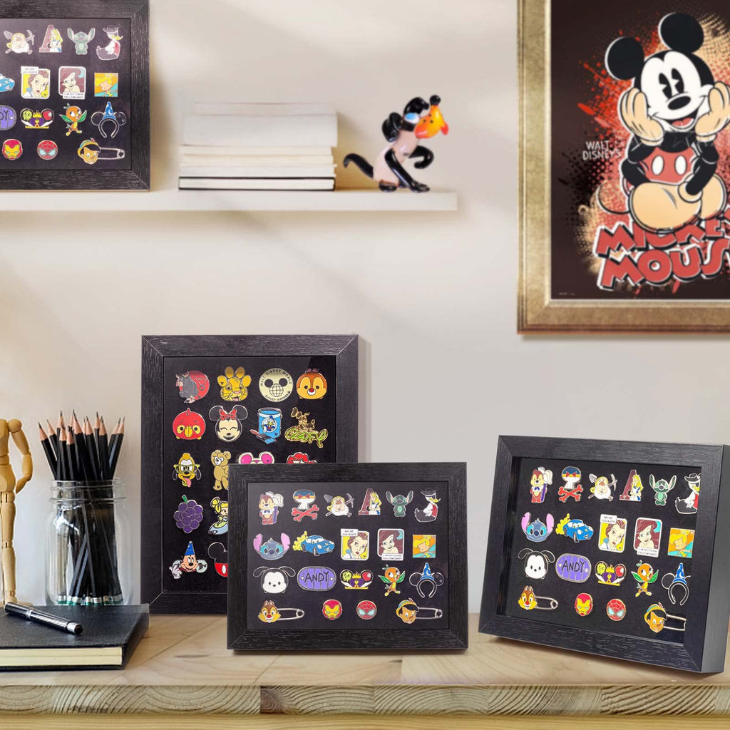 Pin Display Frame, 7x9 Shadow Box for Wall and Tabletop Mount, Pin Collection Display, Brooch Holder for Enthusiast, Black