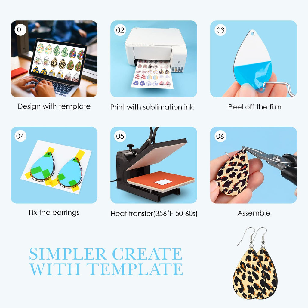 HTVRONT Sublimation Earring Blanks Bulk - 30 Pcs Wood Earrings Blanks with Blue Protective Film - Unfinished MDF Teardrop Earrings for Sublimation Printing with Template, Weeder, Hooks, Jump Rings